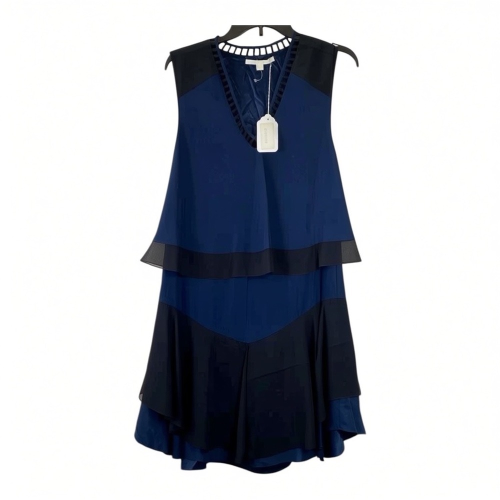 Jonathan Simkhai Navy 100% Silk Tiered Ladder Trim Dress S NWT